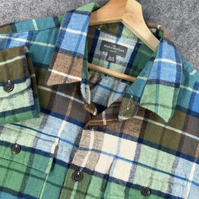 LL Bean Signature Shirt Mens XL Green Blue Plaid Chamois Flannel Cotton Slim Fit - Image 1 of 4