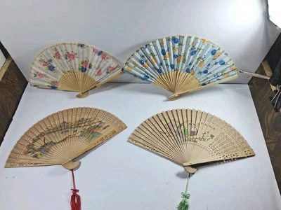 Folding Hand Fans Lot of Four Vintage Poem Flowers Dream Genie Wood & Cloth - Image 1 of 4