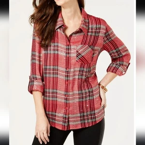 Top rojo abotonado a cuadros metálicos Style & Co. Plus para mujer 2X - Imagen 1 de 13