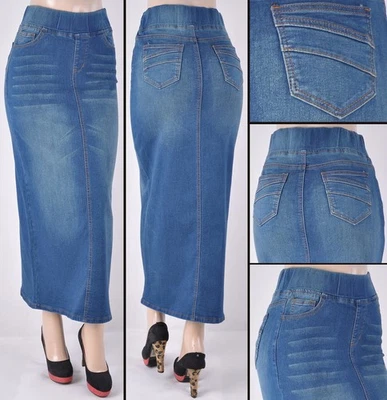 Women Stretch Denim 37" long Skirt pencil no slit pull on #WG-87241 VINTAGE WASH - Image 1 of 2