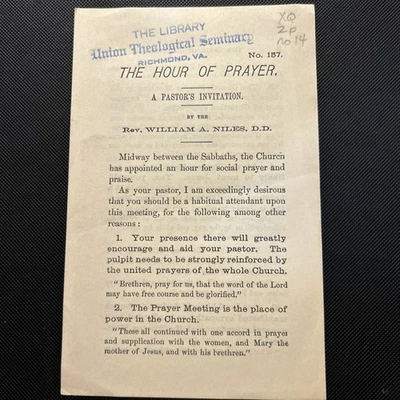 Rare Pamphlet, The Hour Of Prayer, A Pastor’s Invitation, William A Niles - Image 1 of 2
