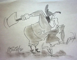 Willie Ito signierter handgezeichneter Bleistift Animationskunst - HEXENHASEL & KÄFER HASE - Bild 1 von 2