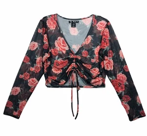 Top Say What recortado manga larga cuello en V acanalado transparente floral negro para mujer XL - Imagen 1 de 7
