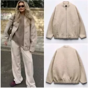 ZARA NEW WOMAN OVERSIZE BOMBER JACKET SAND /MARL SIZE M-L BOUCLE - Picture 1 of 15