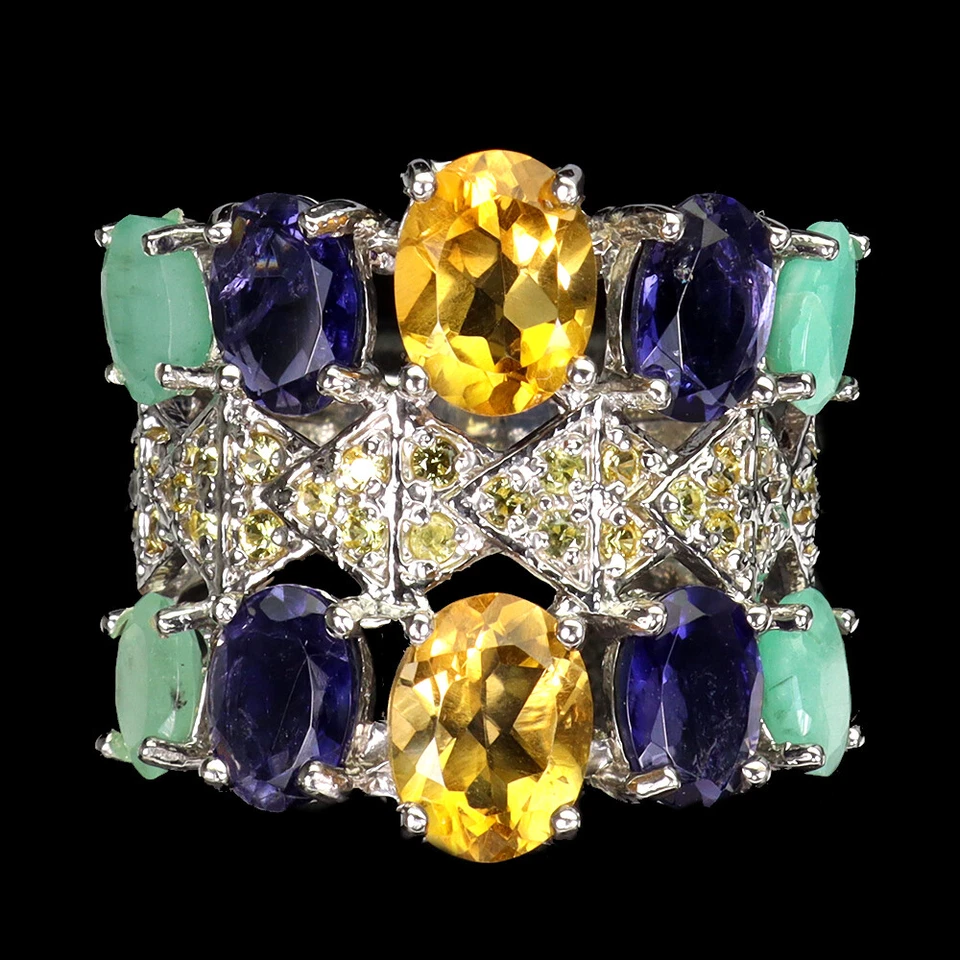 925 Anello Argento Sterling Ovale Citrino Smeraldo Iolite Granato Gemma Gioielli - Immagine 1 di 4