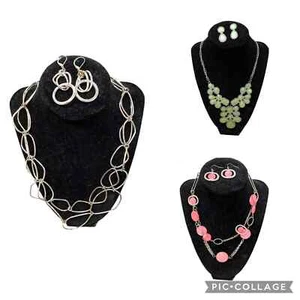 Lot of 3 silver tone beaded Statement Necklaces w/ Earrings Set wire beads - Picture 1 of 9