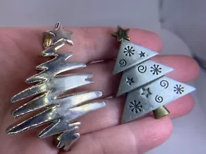 Lot 2 Christmas Tree Rhinestones Vintage Silver Bi-Metal Brooch Pendant M-0416 - Bild 1 von 3