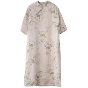 Femme Lin Mélange Ethnique Qipao Robe Chinois Traditionnel Col Mao Rétro - Picture 1 of 12