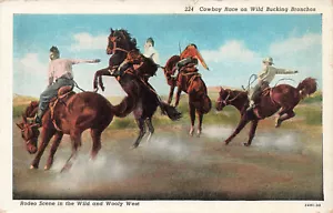 COWBOY RACE ON WILD BUCKING BRONCOS WILD WEST RODEO VINTAGE LINEN POSTCARD 72124 - Picture 1 of 2