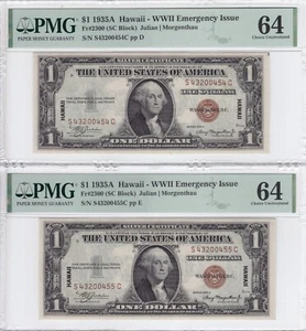 1935A $1 Silver Certificate Note Hawaii Issue Consecutive Pair PMG CU64 - Picture 1 of 5