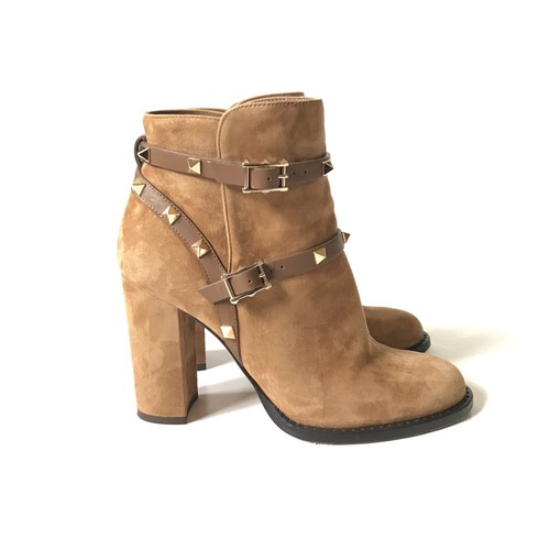 Stivaletti Valentino Garavani Rock Stud Donna 37 7 Marrone Doppia Fibbia Scamosciato