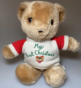 Vtg Eden Teddy Bear My First Christmas Plush Stuffed Animal Soft Toy Tan 9” Red - Picture 1 of 4