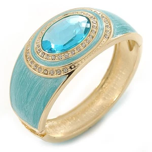 Aqua Blue Enamel Crystal Hinged Bangle Bracelet In Gold Plating - 18cm L - Picture 1 of 6