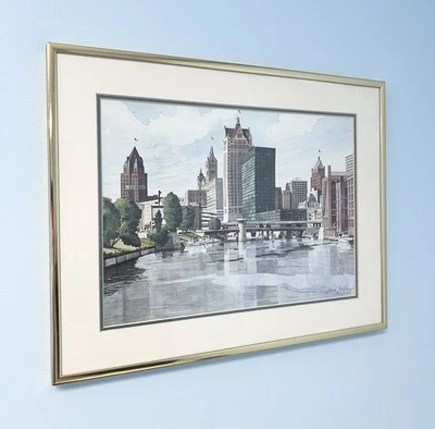 Pintura acuarela original vintage Milwaukee Skyline enmarcada David Belling Foto 1 de 4