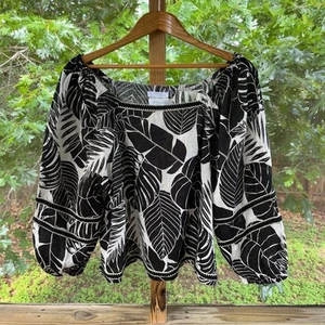 Cynthia Rowley schwarz-weiße Bluse mit Botanical Print 100% Leinen Gr. L. NEU - Bild 1 von 7