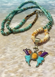 Southwestern Sterling Silver BUTTERFLY Coral 925 Pendant Turquoise Necklace - Picture 1 of 4
