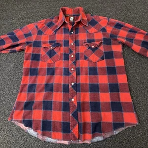 Vintage Karman Red Black Pearl Snap Long Sleeve Plaid Button Shirt Mens Medium - Picture 1 of 12