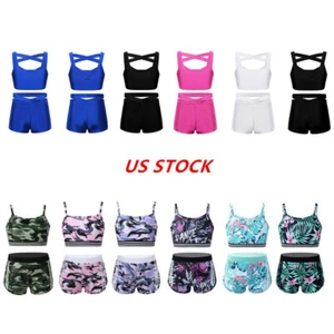 Kids Girls Crop Top Bottoms Set Gymnastic Exercise Tankini Outfits Dancewear - Picture 1 of 63