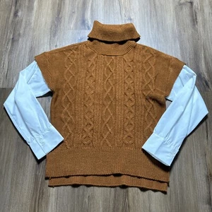 Anthropologie Large Layered Cable-Knit Turtleneck Sweater Tee Brown Orange - Picture 1 of 11