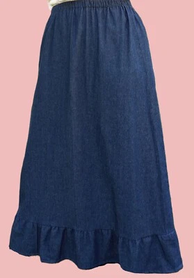 Ladies long full ruffle lt or navy blue jean skirt modest denim S M L XL 1X 2X 3 - Image 1 of 4