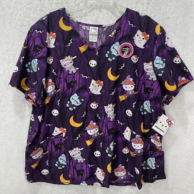 Hello Kitty  Scrub Top Womans 2X 3X, 4-Way Performance Stretch  Halloween Purple - Image 1 of 4