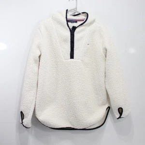 Tommy Hilfiger Damen Jacke weiß Kunstfell Fleece Kapuze 1/4 Reißverschluss Langarm M - Bild 1 von 7