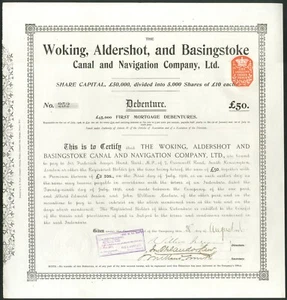 Woking, Aldershot & Basingstoke Canal & Navigation Co. Ltd., £50 debenture - Picture 1 of 1
