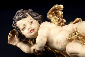 Nackter Putto Holzfigur geschnitzt Wandengel Putte Schnitzerei Gold Barockstil - Bild 1 von 7