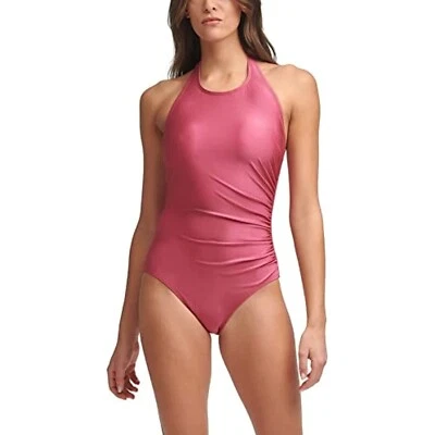 Calvin Klein Pink Shimmer High Neck Halter 1-Piece Swimsuit $108 NWT Size 8 - Image 1 of 4