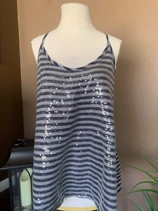 Womens DKNY Jeans Blue Striped Razorback Spaghetti Strap Sequin Blouse 14/16W - Picture 1 of 7
