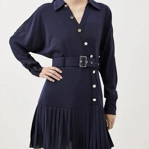 Karen Millen Jersey And Georgette Mix Belted Pleat Mini Dress Size XS Navy - Picture 1 of 7