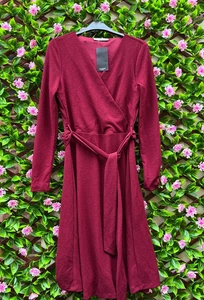 Mango Burgandy Wine Long Sleeved V-Neck Faux Wrap Midi Dress Size 8 New - Picture 1 of 4
