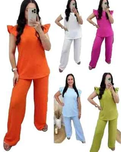 New Ladies Textured Cheesecloth Frill Sleeve Top Trouser Co Ord Loungewear SetUK - Picture 1 of 16