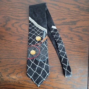 Spencer Lowe Silk Mens Tie Black Tennis Racket Net Sports Novelty Necktie - Picture 1 of 7