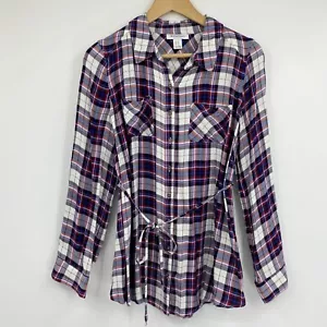 Tunica Maternità Rotolo Tab Manica Bottoni Rosso Blu Bianco Plaid Tg M - Foto 1 di 7