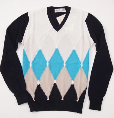 NUEVO CON ETIQUETAS $695 BALLANTYNE Diamante Intarsia Algodón-Cachemira Suéter M (UE 50) Turquesa Foto 1 de 4