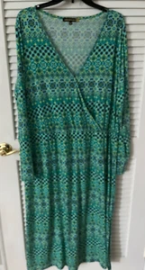 Ambernoon II Petite Size 1X LS Green Printed Faux Wrap Stretch Long Dress - Picture 1 of 3