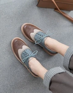 Handmade Women's Three Tone Leather Oxford Wingtip Brogue Lace Up Dress Shoe. - Picture 1 of 9