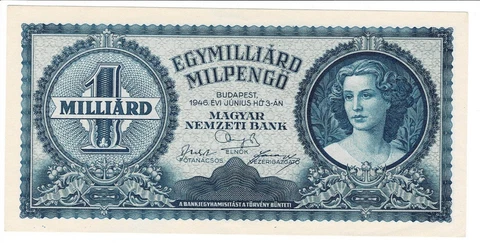 Hungary 1946 1 Billion Milpengo Currency Inflation Note UNC blue banknote Cover