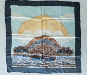 1970s Silk Scarf Navy, Brown, Beige with Sun Setting over Mountain and Trees - Picture 1 of 2