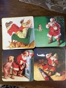 Coca-Cola Christmas Coaster Set Vintage Santa Claus Set Of 4 Cork Backed 3 3/8” - Picture 1 of 6