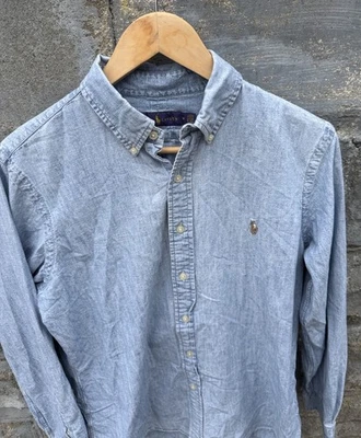 Camisa Polo Ralph Lauren Para Hombres M Azul Cambray Abotonada Manga Larga Denim Foto 1 de 4