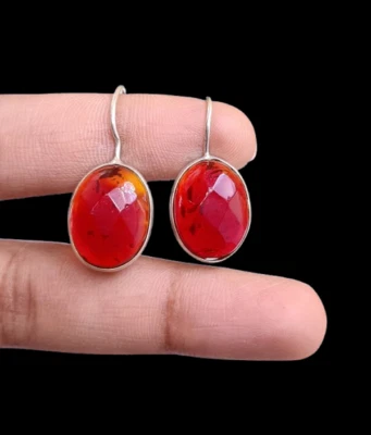 1 par de pendientes de gancho de regalo con piedras preciosas de topacio facetado rojo enchapados en plata de ley 925 Foto 1 de 4