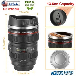 400ML Camera Lens Cup Coffee Travel Mug Thermos Stainless Steel Leak-Proof Lid