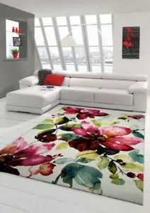 Designer Teppich Moderner Teppich Wohnzimmer Teppich Blumenmotiv Creme Grün Tür - Bild 1 von 8