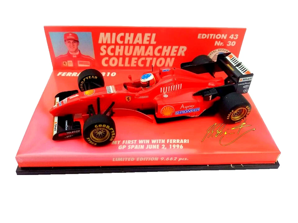 FERRARI F1 F 310 SCHUMACHER PRIMA VITTORIA FERRARI GP SPAGNA BARCELLONA 1996 1:43 IMBALLO ORIGINALE - Immagine 1 di 4
