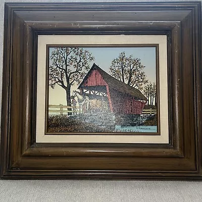 Signed H. Hargrove Painting Serigraph Wheel Wright Covered Bridge Scene Framed - Image 1 of 4