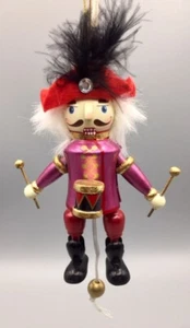 Wood Drummer Jumping Pull String Ornament Pink Red Gold Black Christmas Cute - Picture 1 of 10