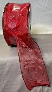 RED SHEER RIBBON W/POINSETTIAS 2.5in X 75FT - Picture 1 of 2