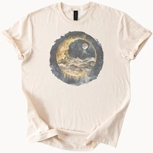 Night Sky Moon Shirt Celestial Winter Mountains Tee - Picture 1 of 7